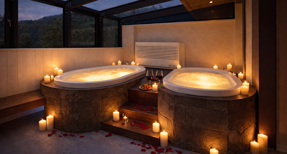 Stimmungsvoller Spa-Bereich mit zwei beleuchteten Whirlpools, umgeben von Kerzen und warmem Ambientelicht.