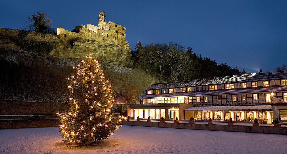 Ein Weihnachtsbaum unter der Hardenberg BurgRuine
